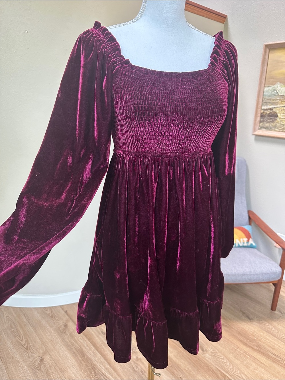 BTFL Life stretchy smocked chest fit and flare ruffle velvet dress